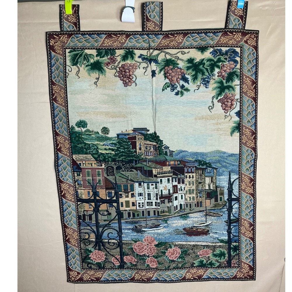 Vintage Sea Gye Fine Tapestry Wall Hanging Village‎ Scene Grapes Roses